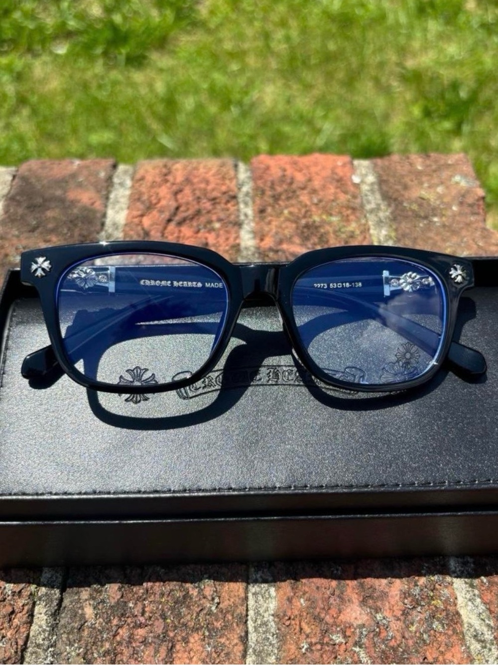 Chrome Hearts Black Frame Glasses with Silver Fleur Accents